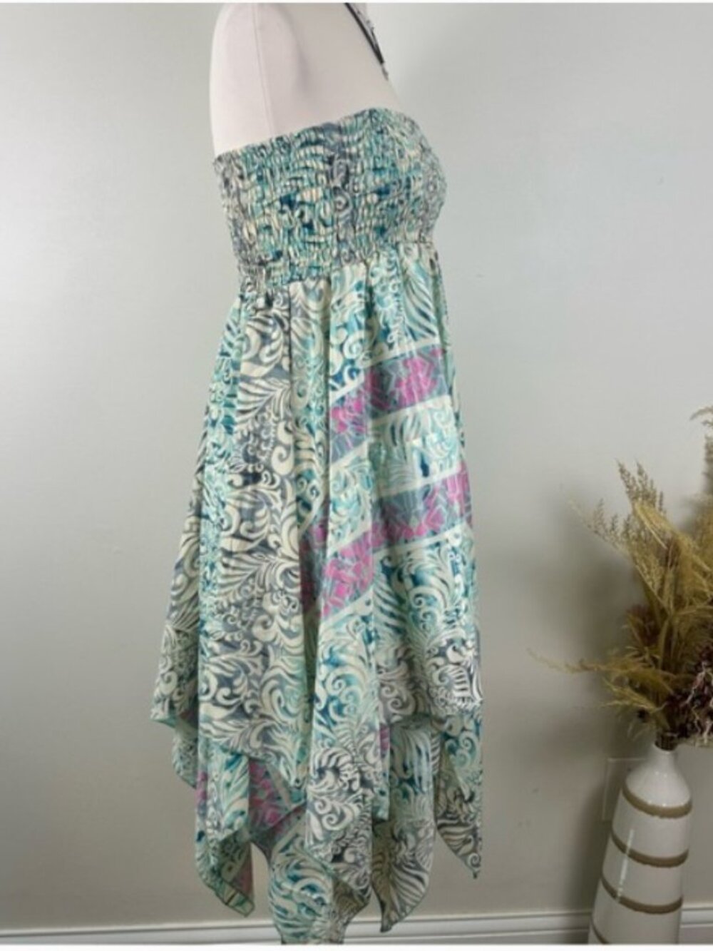 Etc Silk Blend Smocked 2-in-1 Handkerchief Midi Dress Skirt NWOT - Picture 4 of 10